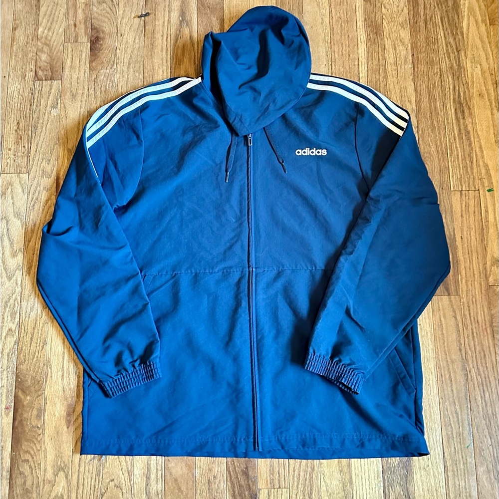 Adidas Men's Blue Hooded Windbreaker with White Stripes
